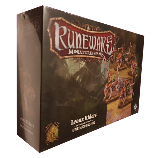 The RuneWars Leonx Riders Unit Expansion by Fantasy Flight Games comes in a box showing an illustrated battle scene with Latari Elves Leonx Riders, and "Leonx Riders Unit Expansion" is displayed on the front.