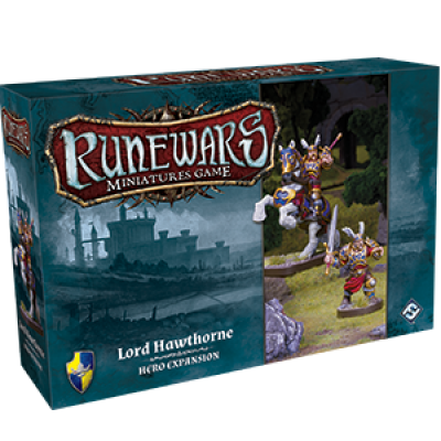 Box for Fantasy Flight Games RuneWars Lord Hawthorne Hero Expansion, featuring fantasy artwork of Lord Hawthorne on horseback leading the Daqan army with sword and soldiers, castle silhouette in background, and upgrade cards included.