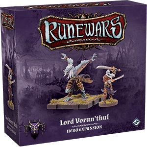 The image shows the RuneWars Lord Vorun’thul Hero Expansion box by Fantasy Flight Games, featuring a white-haired, armored hero miniature ready to lead your Waiqar army against a bold purple background.