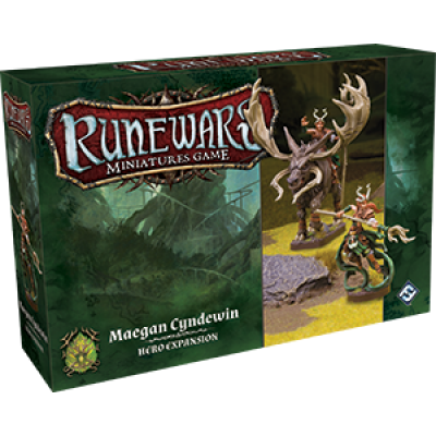 Box for RuneWars Maegan Cyndewin Hero Expansion by Fantasy Flight Games, showing a Latari Elf heroine with antlers and a deer-like companion in a lush, green fantasy forest.