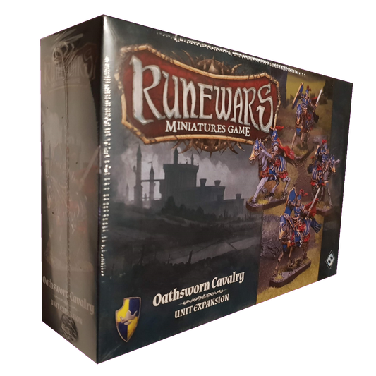The RuneWars Oathsworn Cavalry Unit Expansion by Fantasy Flight Games includes painted Daqan Lords cavalry miniatures in a plastic-wrapped box featuring a castle silhouette on the cover.