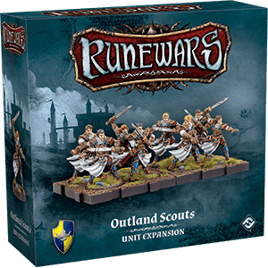 The RuneWars Outland Scouts Unit Expansion by Fantasy Flight Games features painted Daqan miniatures with swords and spears, set against a fantasy landscape background on the packaging.