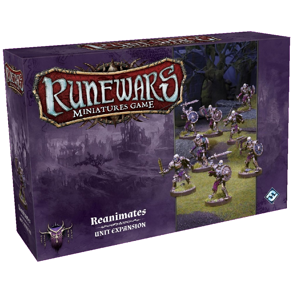 A purple RuneWars Reanimates Unit Expansion box by Fantasy Flight Games features armored skeletal warriors from the undead legion, displayed over a fantasy-themed background.