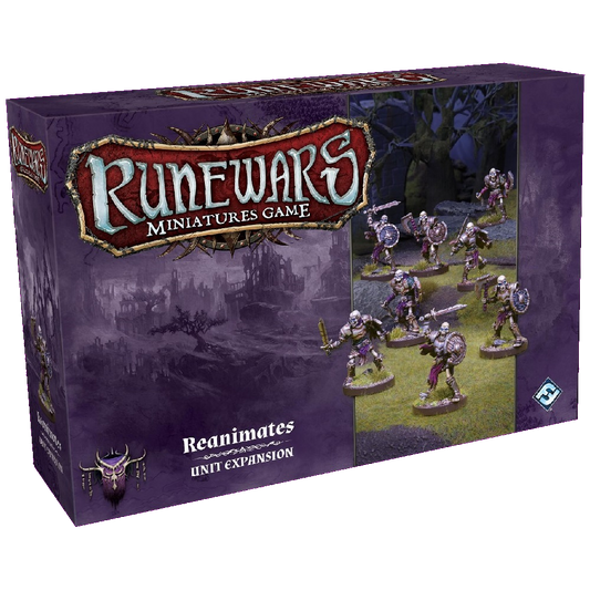 A purple RuneWars Reanimates Unit Expansion box by Fantasy Flight Games features armored skeletal warriors from the undead legion, displayed over a fantasy-themed background.