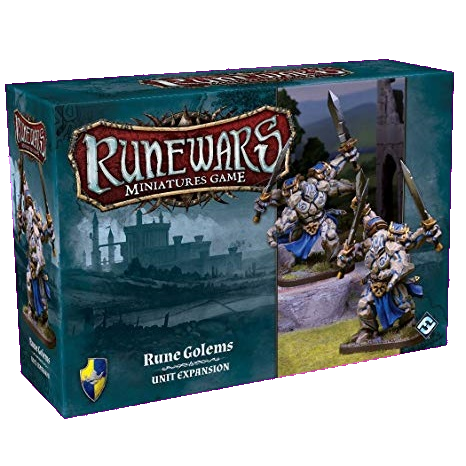 The Fantasy Flight Games RuneWars Rune Golems Unit Expansion box showcases fantasy art of stone golems with swords and shields, a castle backdrop, and includes upgrade cards to strengthen your Rune Golems in battle.
