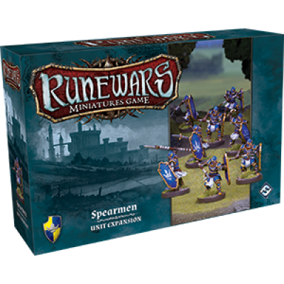RuneWars Spearmen Unit Expansion by Fantasy Flight Games featuring blue-armored Daqan spearmen miniatures and Terrinoth battlefield artwork on the box front.