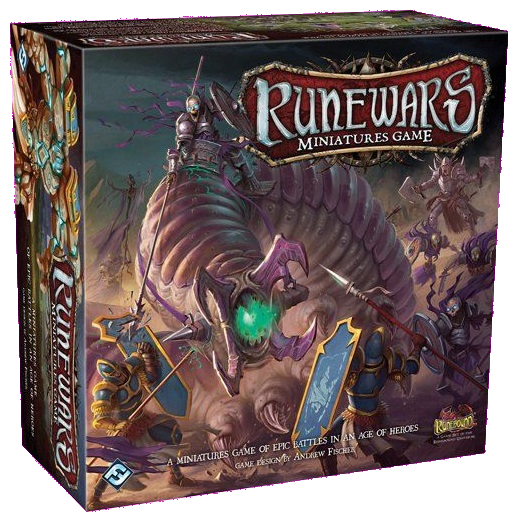 The RuneWars The Miniatures Game box from Fantasy Flight Games features bold fantasy art of armored warriors battling a giant creature, with the game title prominently displayed at the top.