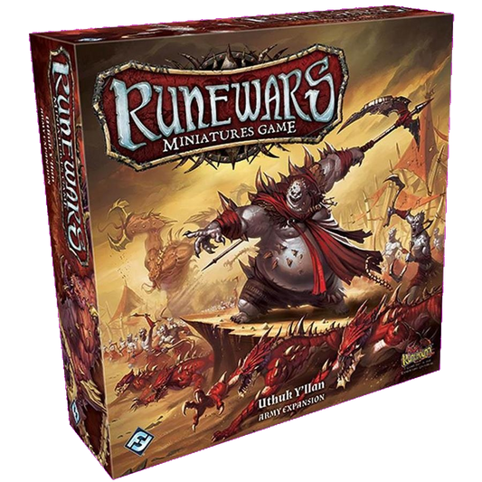 The image displays the RuneWars Uthuk Y'llan Army Expansion by Fantasy Flight Games, with fantasy art featuring a Locust Horde and a powerful armored leader commanding monstrous red creatures in battle.