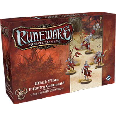 A box for Fantasy Flight Games' RuneWars Uthuk Y'llan Infantry Command Unit Upgrade Expansion, featuring detailed red and tan miniatures on the front.