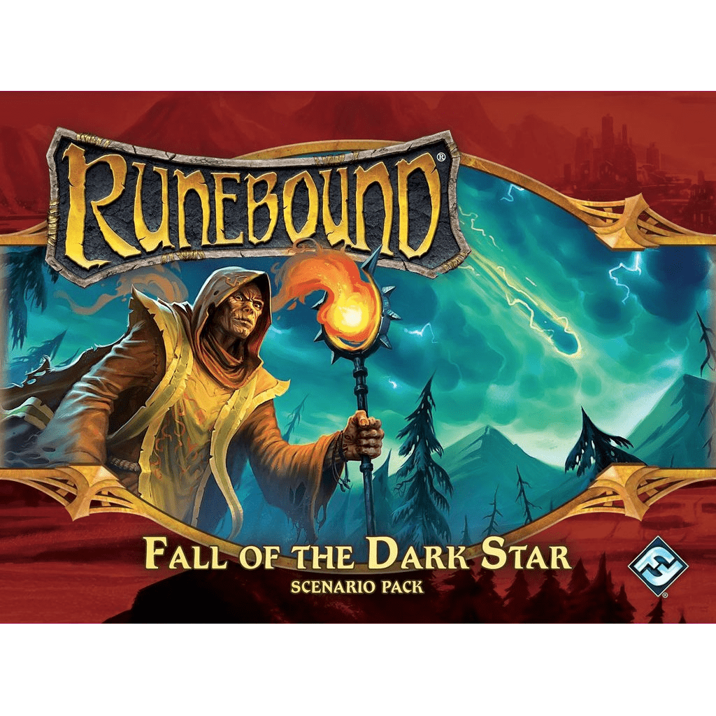 Box cover of Fantasy Flight Games' Runebound (Third Edition): Fall of the Dark Star Scenario Pack, showing a hooded figure with a glowing staff standing before mountains under a dark, dramatic sky.