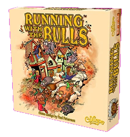 The Running with the Bulls board game by Calliope Games features a vibrant box with cartoon characters racing through a lively village, chased by bulls. This is a fun and strategic game for families and friends.