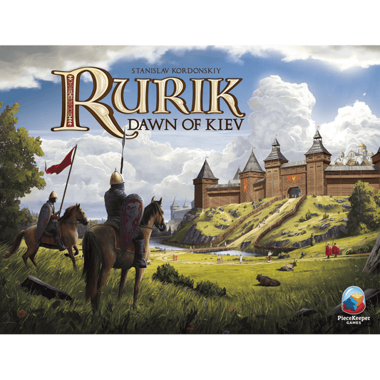 Illustration of three armored knights on horseback nearing a wooden fortress atop a grassy hill beneath dramatic clouds. The text reads Rurik: Dawn of Kiev, a realm-building game from PieceKeeper Games.