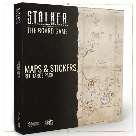 The box for Awaken Realms' S.T.A.L.K.E.R. The Board Game Maps & Stickers Recharge Pack is shown, featuring hand-drawn maps with locations, symbols, and paths—ideal for updating your maps and stickers in repeated playthroughs.
