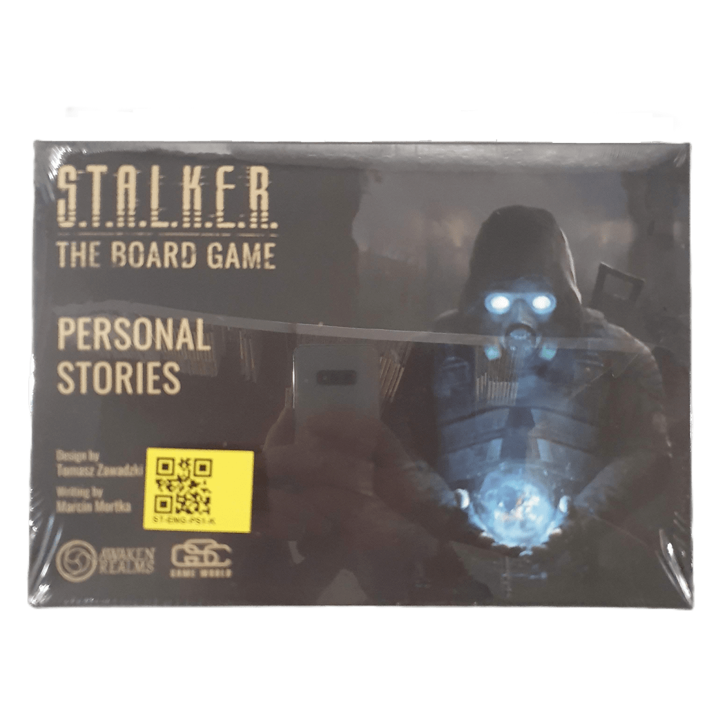 Awaken Realms’ S.T.A.L.K.E.R. The Board Game Personal Stories Add-on box cover shows a figure in dark clothes with glowing goggles holding a blue light, featuring Stalkers’ stories and background narratives in its design.