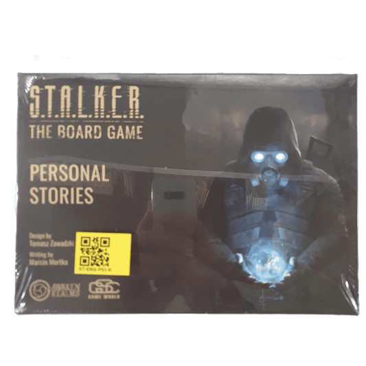 Awaken Realms’ S.T.A.L.K.E.R. The Board Game Personal Stories Add-on box cover shows a figure in dark clothes with glowing goggles holding a blue light, featuring Stalkers’ stories and background narratives in its design.
