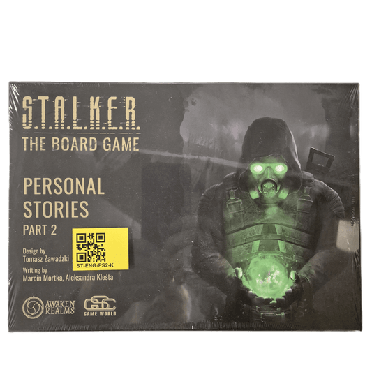 Box cover of S.T.A.L.K.E.R. The Board Game Personal Stories Part 2 Add-on by Awaken Realms, featuring a dark-armored, gas-masked figure holding a glowing green orb. Yellow QR code and text boxes are on the left side.