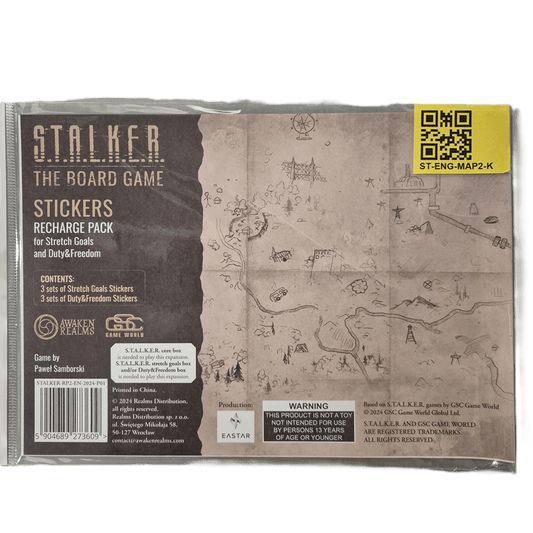 The S.T.A.L.K.E.R. The Board Game Stickers Recharge Pack for Stretch Goals and Duty & Freedom by Awaken Realms features map art, branding, QR code, and product details with contents and warnings on a white background.