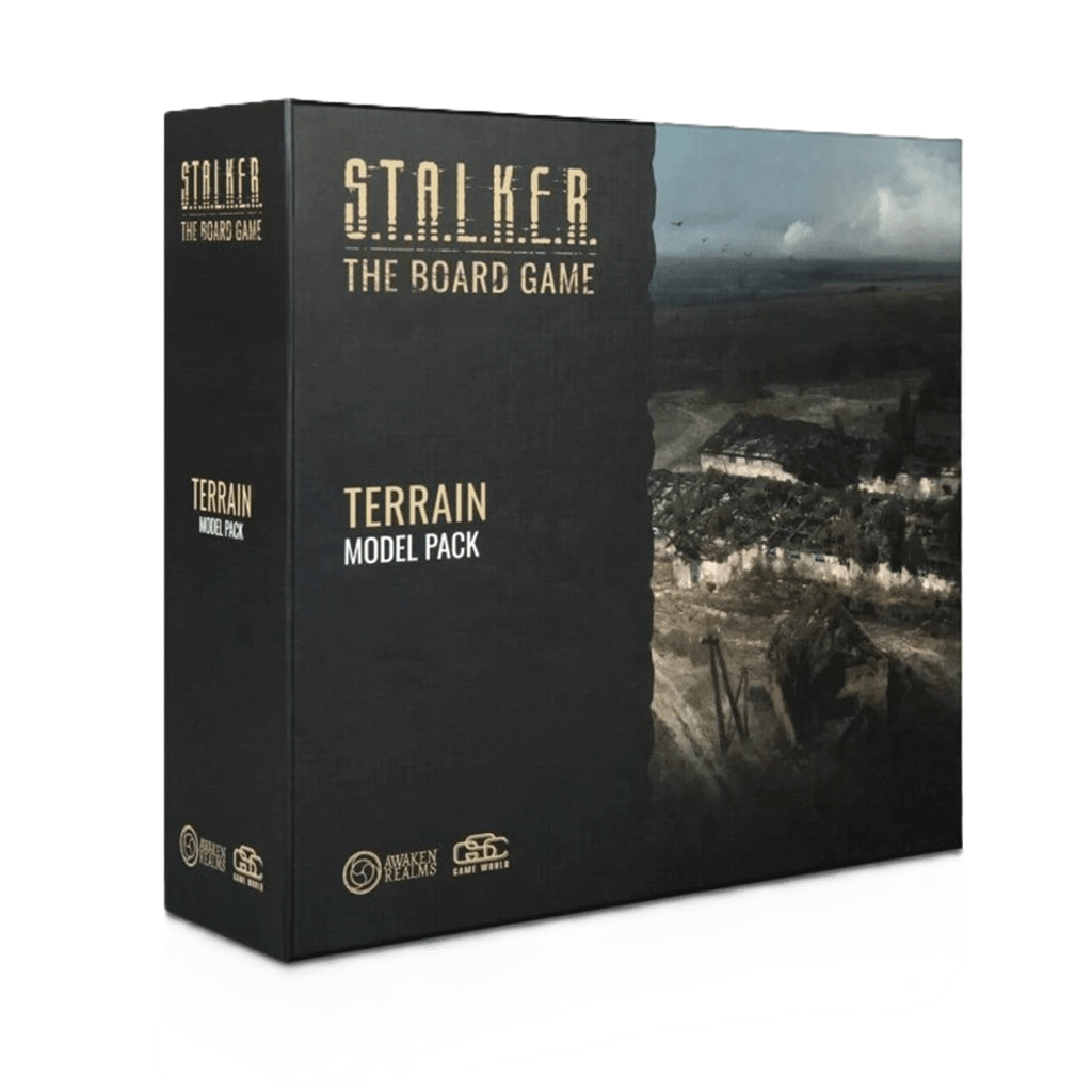 A black box labeled "S.T.A.L.K.E.R. The Board Game Terrain Model Pack" by Awaken Realms, featuring a photo of a ruined landscape with cardboard buildings and miniatures beneath a cloudy sky on the front.