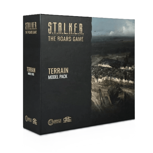 A black box labeled "S.T.A.L.K.E.R. The Board Game Terrain Model Pack" by Awaken Realms, featuring a photo of a ruined landscape with cardboard buildings and miniatures beneath a cloudy sky on the front.