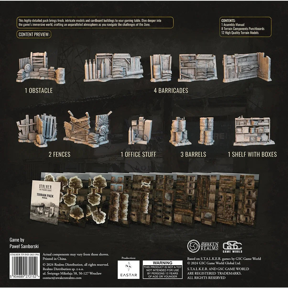 The S.T.A.L.K.E.R. The Board Game Terrain Model Pack by Awaken Realms includes 1 obstacle, 4 barricades, 2 fences, office accessories, 3 barrels, and a shelf with boxes—perfect for enhancing your game atmosphere along with all listed components.