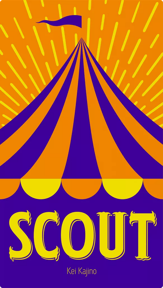 A stylized circus tent with orange and purple stripes and radiating yellow lines captures the excitement of Oink Games’ Scout. The word SCOUT appears in bold yellow letters below, with the designer Kei Kajino’s name underneath.