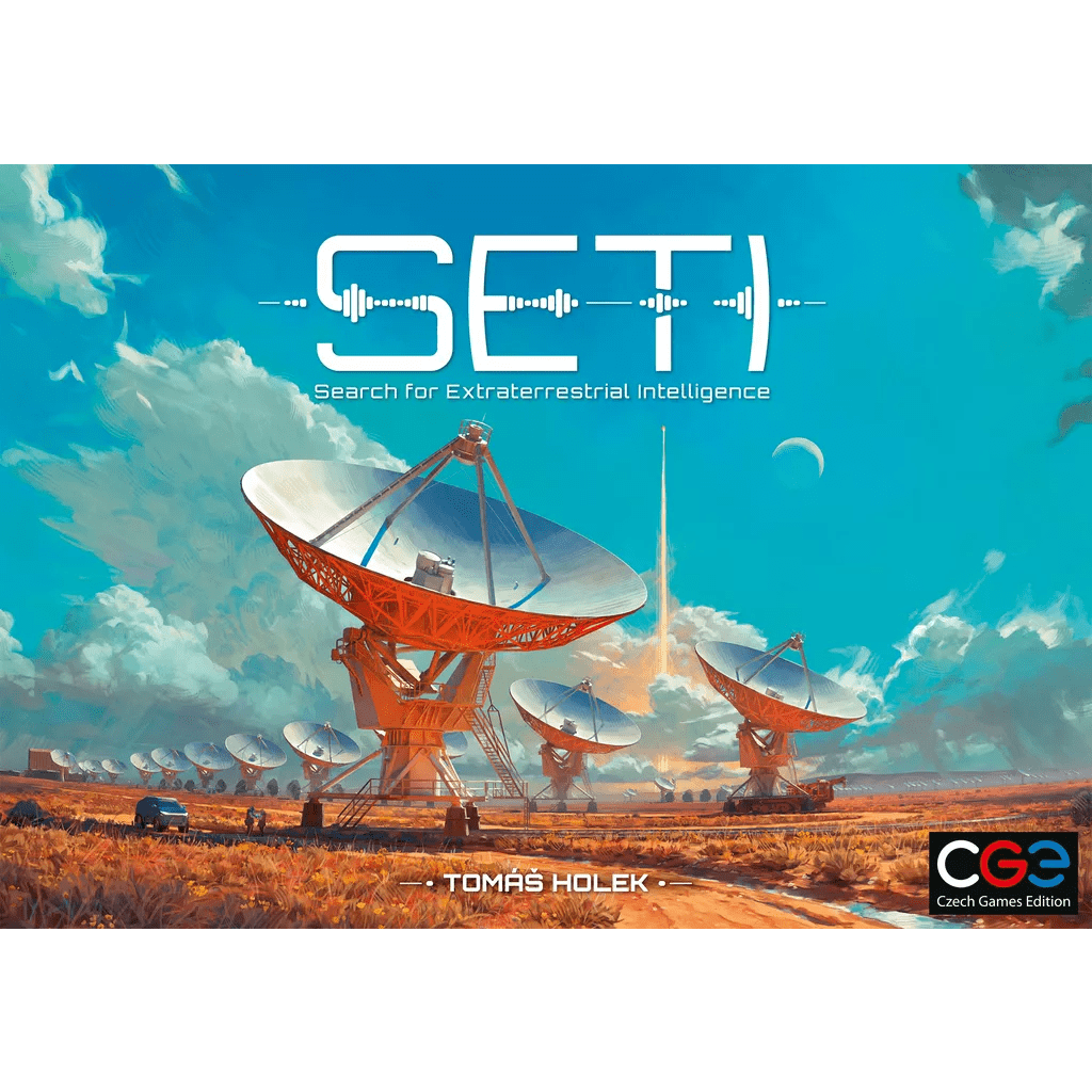 Large radio telescopes scan the sky for alien life. SETI: Search for Extraterrestrial Intelligence appears at the top, with Czech Games Edition (CGE) noted at the bottom.