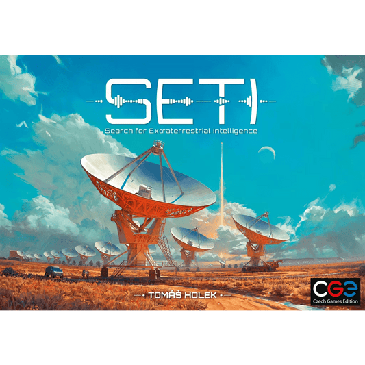 Large radio telescopes scan the sky for alien life. SETI: Search for Extraterrestrial Intelligence appears at the top, with Czech Games Edition (CGE) noted at the bottom.