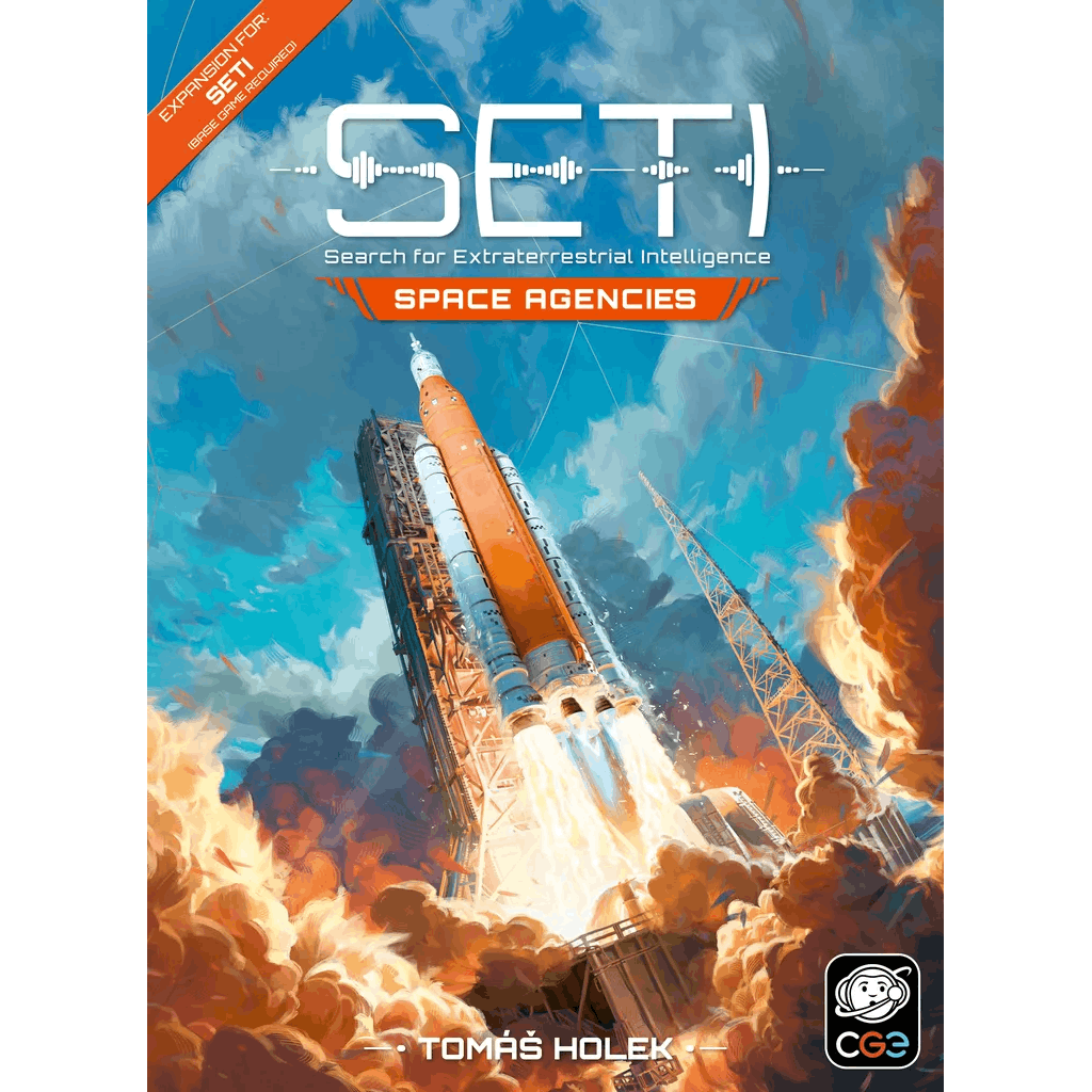 A rocket launches amid smoke against a vibrant blue sky. The cover text reads: SETI: Space Agencies Expansion by Czech Games Edition (CGE), with the CGE logo in the bottom right corner.