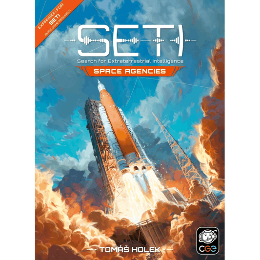 A rocket launches amid smoke against a vibrant blue sky. The cover text reads: SETI: Space Agencies Expansion by Czech Games Edition (CGE), with the CGE logo in the bottom right corner.