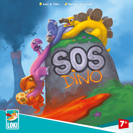 Four colorful cartoon dinosaurs cling to a volcano labeled "SOS Dino" with smoke and lava in the background. SOS Dino by Iello is a cooperative dinosaur board game for children ages 7 and up.
