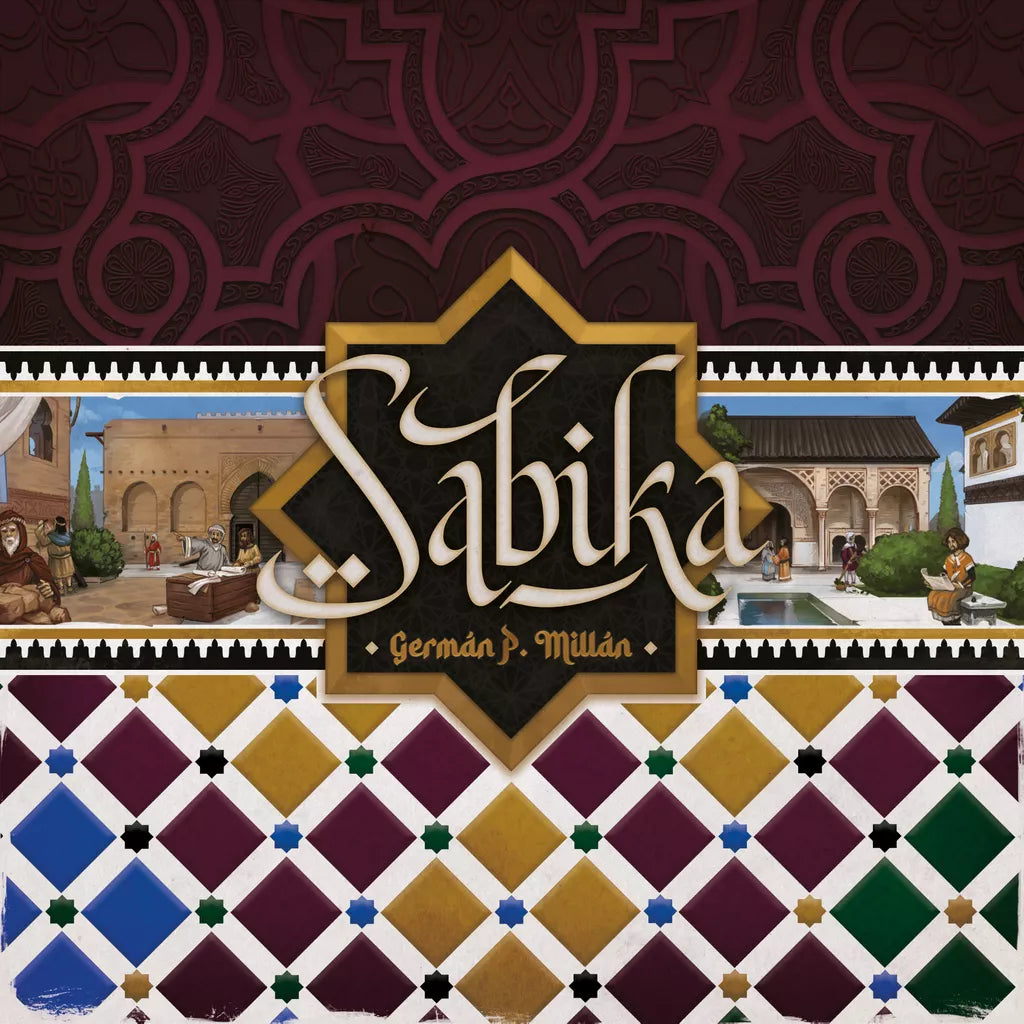 Board game cover for Sabika by ludonova, showcasing intricate Moorish patterns and geometric tiles inspired by the Nasrid dynasty. Scenes depict people in an ancient courtyard with buildings and a pool; the title "Sabika" is centered prominently.