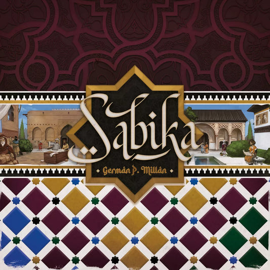 Board game cover for Sabika by ludonova, showcasing intricate Moorish patterns and geometric tiles inspired by the Nasrid dynasty. Scenes depict people in an ancient courtyard with buildings and a pool; the title "Sabika" is centered prominently.