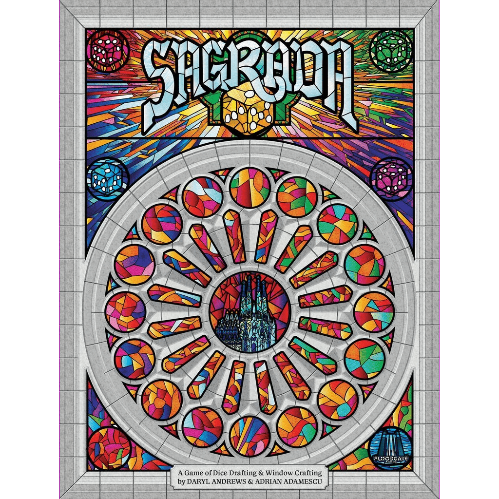 A vibrant stained glass window inspired by the Sagrada Bundle from Floodgate Games, featuring "Sagrada" at the top, bold geometric patterns, and a central rose window reminiscent of a cathedral.