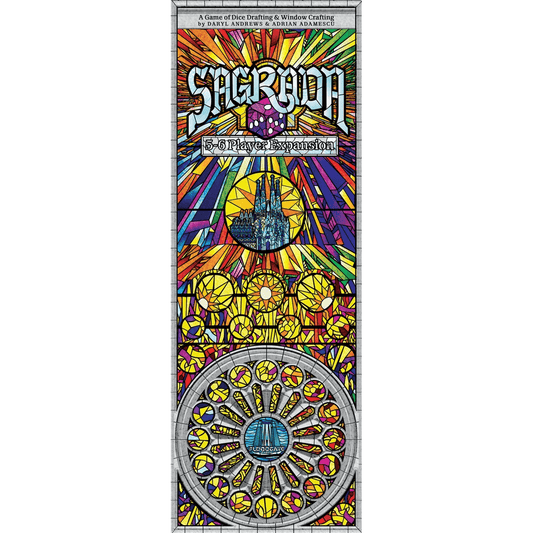 The tall, colorful box for Floodgate Games’ Sagrada: 5-6 Player Expansion features a vibrant stained glass window design with a blue cathedral centerpiece, reflecting its dice-drafting gameplay and rose-window inspiration.