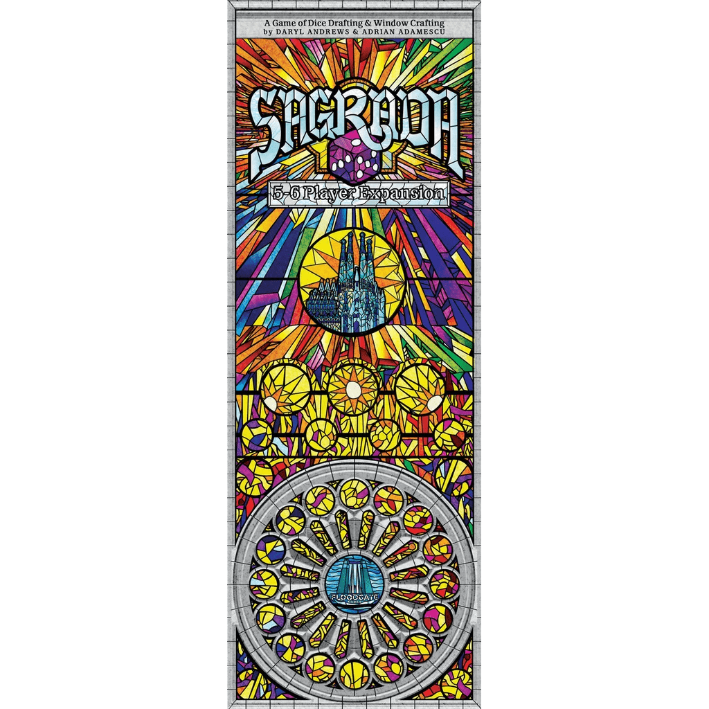 The image showcases the Sagrada Bundle by Floodgate Games, featuring vibrant stained glass artwork and geometric designs—ideal for players looking to expand their Sagrada board game experience.