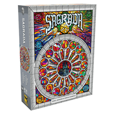 The Sagrada NL / FR board game box by Matagot showcases vibrant stained glass window art with intricate circular and geometric patterns, topped by the bold white "Sagrada" title. Players become glas-in-lood kunstenaars in this dobbelstenen spel.
