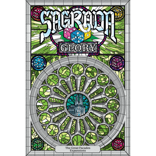 Stained glass-style artwork with "Sagrada" at the top, colorful dice, "Glory" below, and a cathedral window design. Text at the bottom reads Sagrada: The Great Facades – Glory Expansion by Floodgate Games.