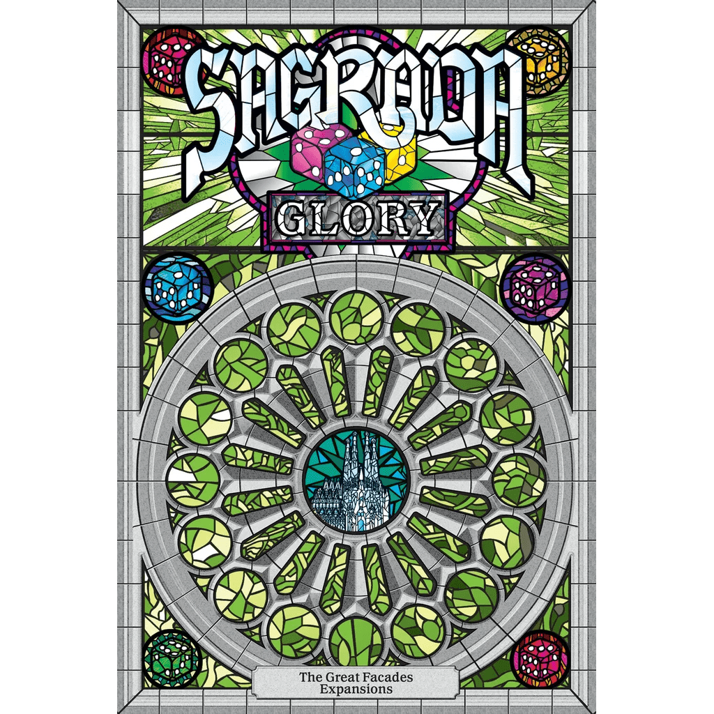 Stained glass-style Sagrada Bundle art by Floodgate Games features colorful dice, "Sagrada" at the top, "Glory" under a large stained glass window, and text below: The Great Facades Expansions board game expansion.