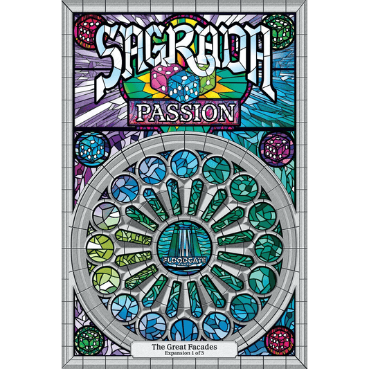 Stained glass-style artwork featuring "Sagrada: The Great Facades – Passion Expansion" at the top, colorful dice, a large circular window, and "Floodgate Games" at the bottom.