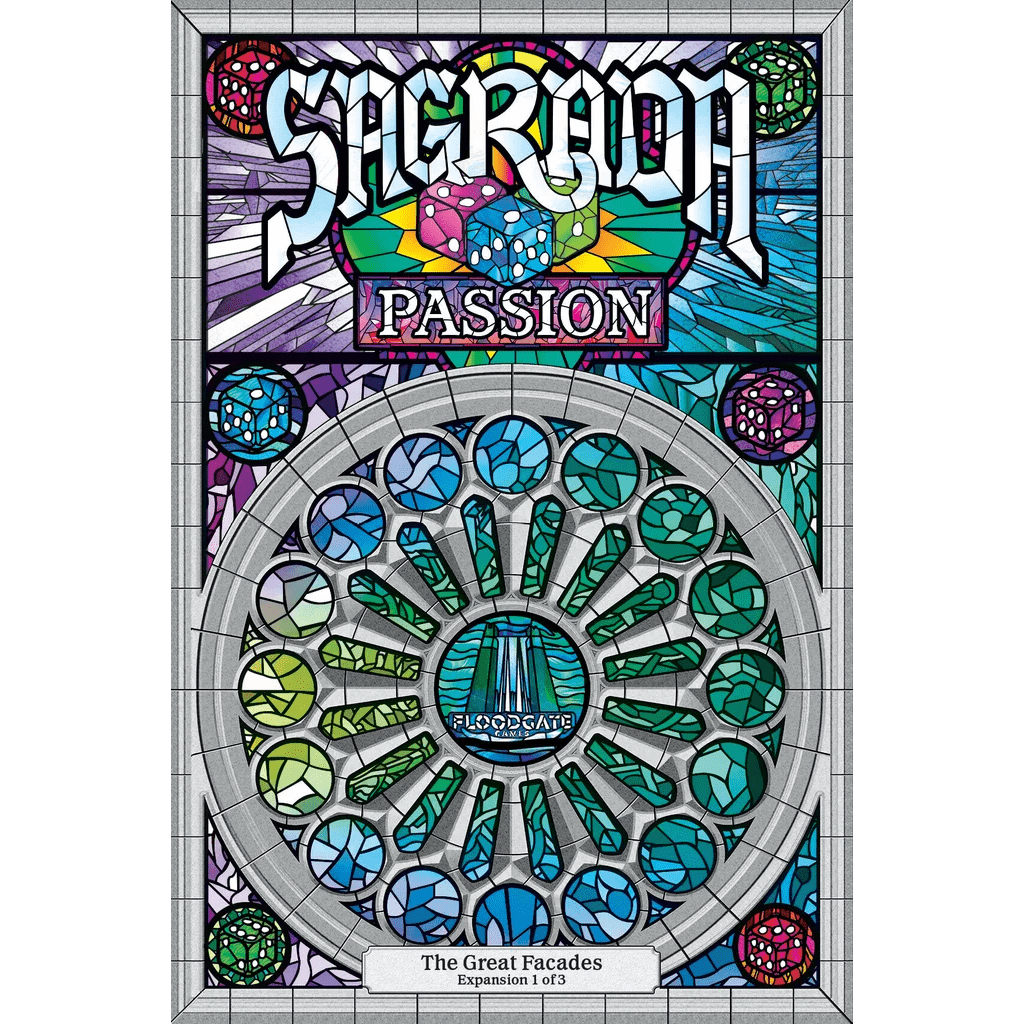 The Sagrada Bundle by Floodgate Games features colorful stained-glass style artwork with dice and a rose window, titled “Passion.” The label reads, “The Great Facades Expansion 1 of 3”—a vibrant addition to your game collection.