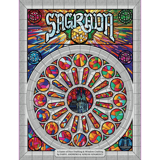 The cover art for Sagrada by Floodgate Games showcases a vivid stained glass window with colorful geometric shapes and circles, topped with the Sagrada title in stylized lettering.