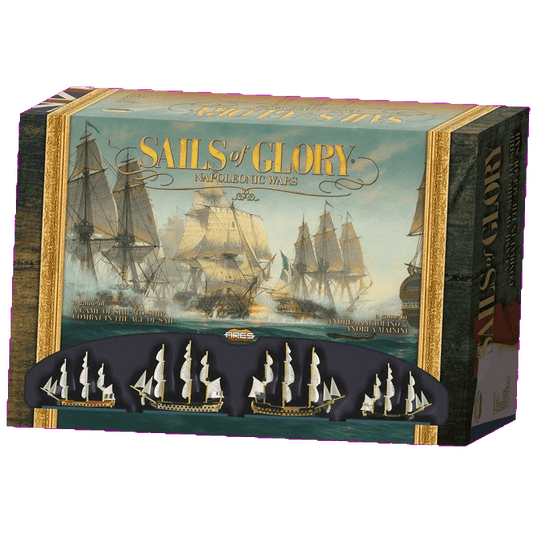 Box of Sails of Glory by Ares Games, a naval combat game set in the Age of Sails, featuring dramatic artwork of historic ship battles and four detailed model ships showcased at the bottom.