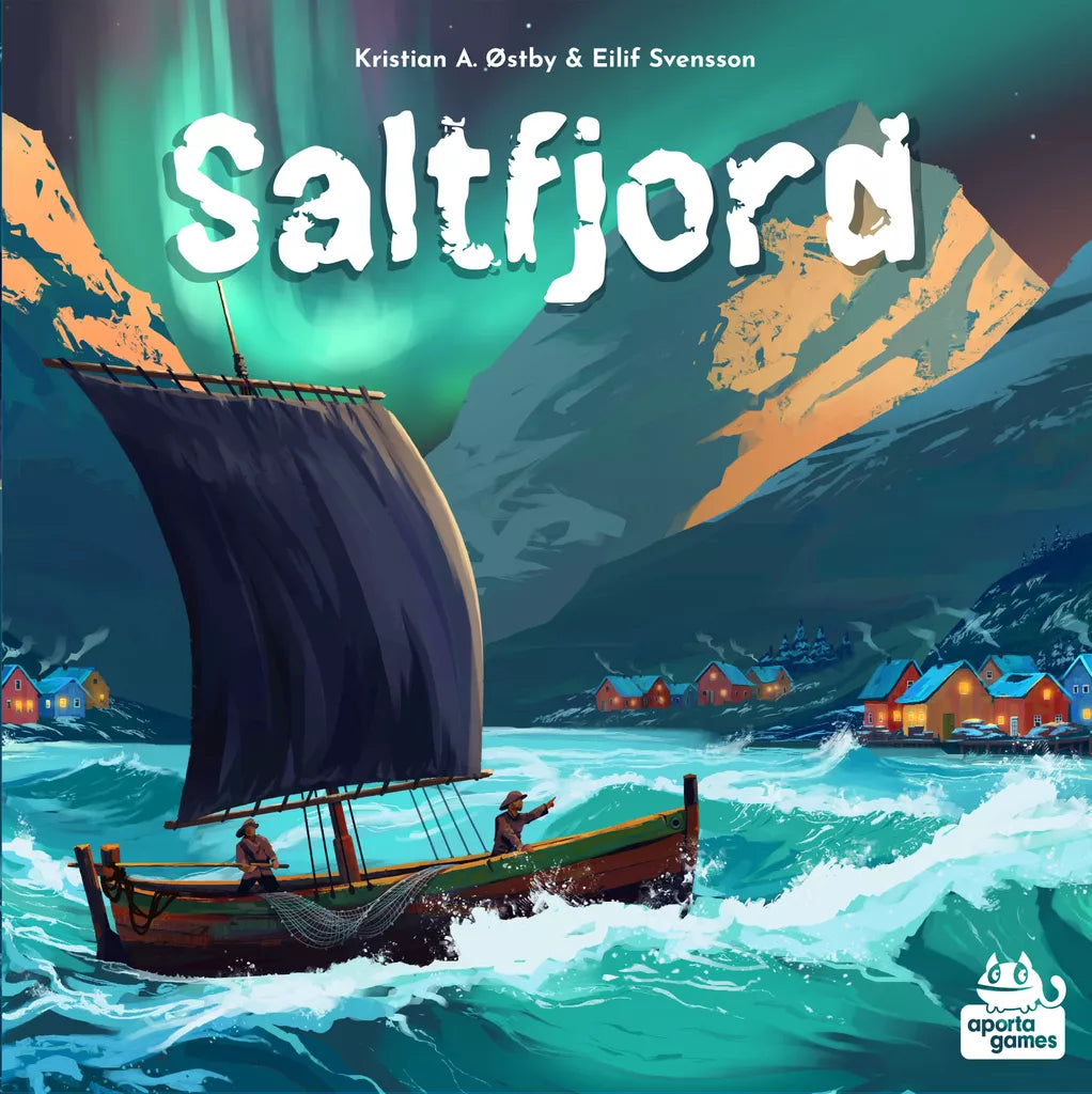 Illustration of two sailors navigating a wooden boat with a dark sail through icy waters near a vibrant Norwegian fishing village, snowy peaks, and green auroras. Text reads: Saltfjord by Aporta Games—the dice drafting board game adventure.