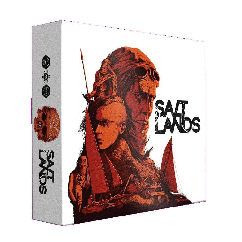 The Saltlands board game by Antler Games has a box cover with illustrated characters in red and orange, desert scenes, and sail-powered vehicles, reflecting its adventurous post-apocalyptic strategy theme. The Saltlands title is clearly visible.