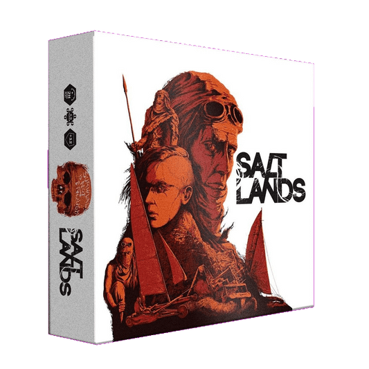 The Saltlands board game by Antler Games has a box cover with illustrated characters in red and orange, desert scenes, and sail-powered vehicles, reflecting its adventurous post-apocalyptic strategy theme. The Saltlands title is clearly visible.