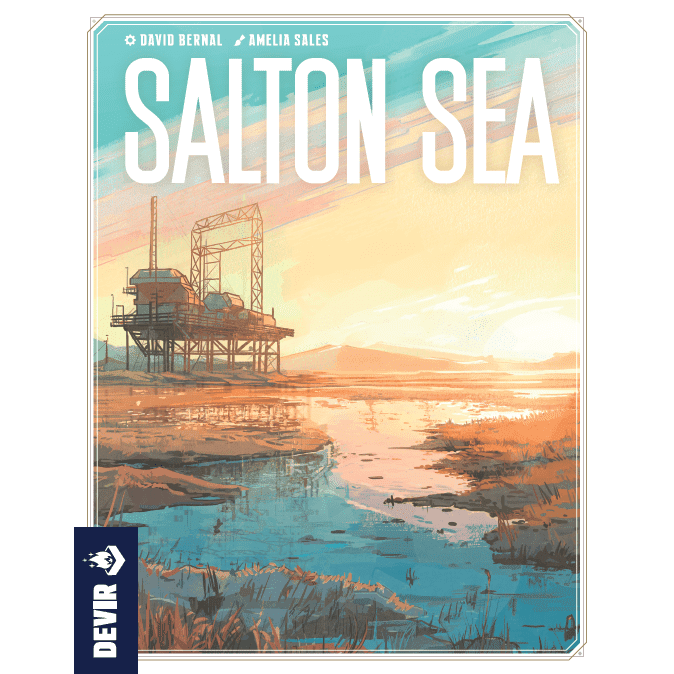 The Salton Sea illustrated cover by Devir features an industrial structure by the water at sunset, suggesting geothermal energy. Soft pastel hues reflect in tranquil shallows and marsh grasses, with artist and publisher names included.