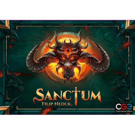 The cover of Sanctum, a strategy board game by Czech Games Edition (CGE), features a fiery demonic skull with large horns and bold gold title lettering; the CGE logo appears in the bottom right corner.