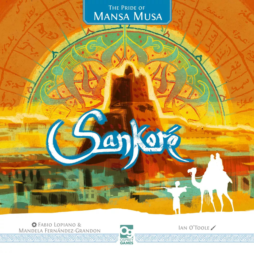 The cover of Osprey Games’ "Sankoré: The Pride of Mansa Musa" showcases the grand University of Sankoré, two camel riders, and a radiant sun with Arabic script in the background.