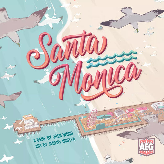 The illustrated cover of Santa Monica by Alderac Entertainment Group features seagulls flying over a sunny beach, ocean waves, and a vibrant pier with rides. The title appears in large cursive pink letters for this colorful strategy board game.