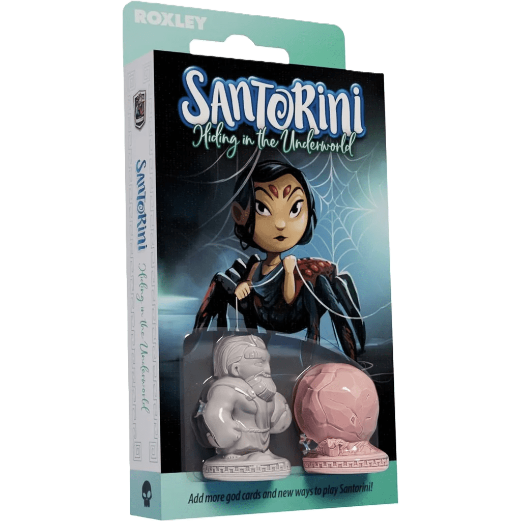Santorini: Second Edition Bundle by Roxley Games is a boxed expansion for the legendary strategy game, featuring a cartoon spider woman on the cover and two sculpted figures—one gray, one pink—visible through a plastic window.